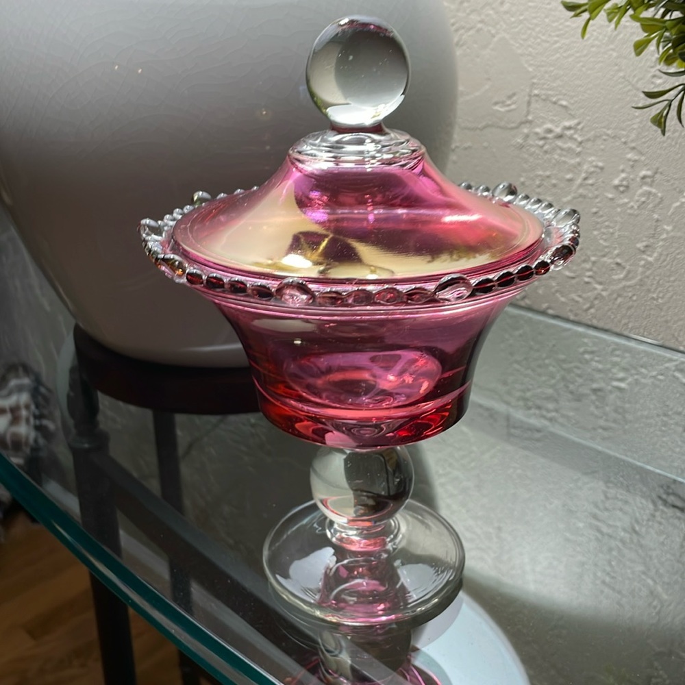 Vintage Ruby Flashed Stained Cranberry Paden City Line #555 Beaded Compote USA